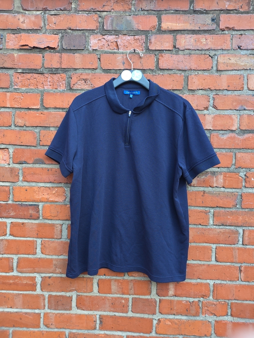 Vince Camuto Polo Shirt XL Navy Textured Zip Neck Short Sleeve (C3)